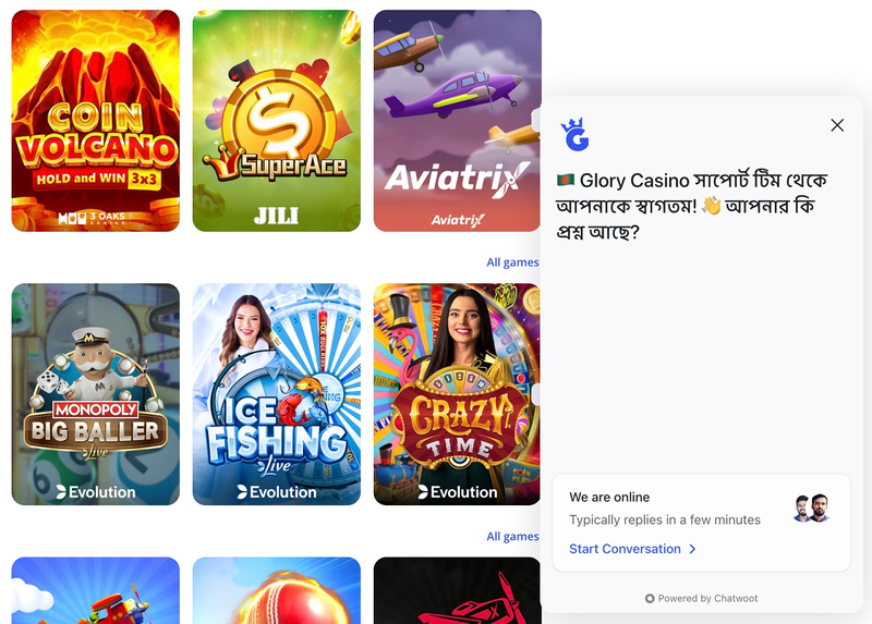 Support Glory Casino Bangladesh in live chat